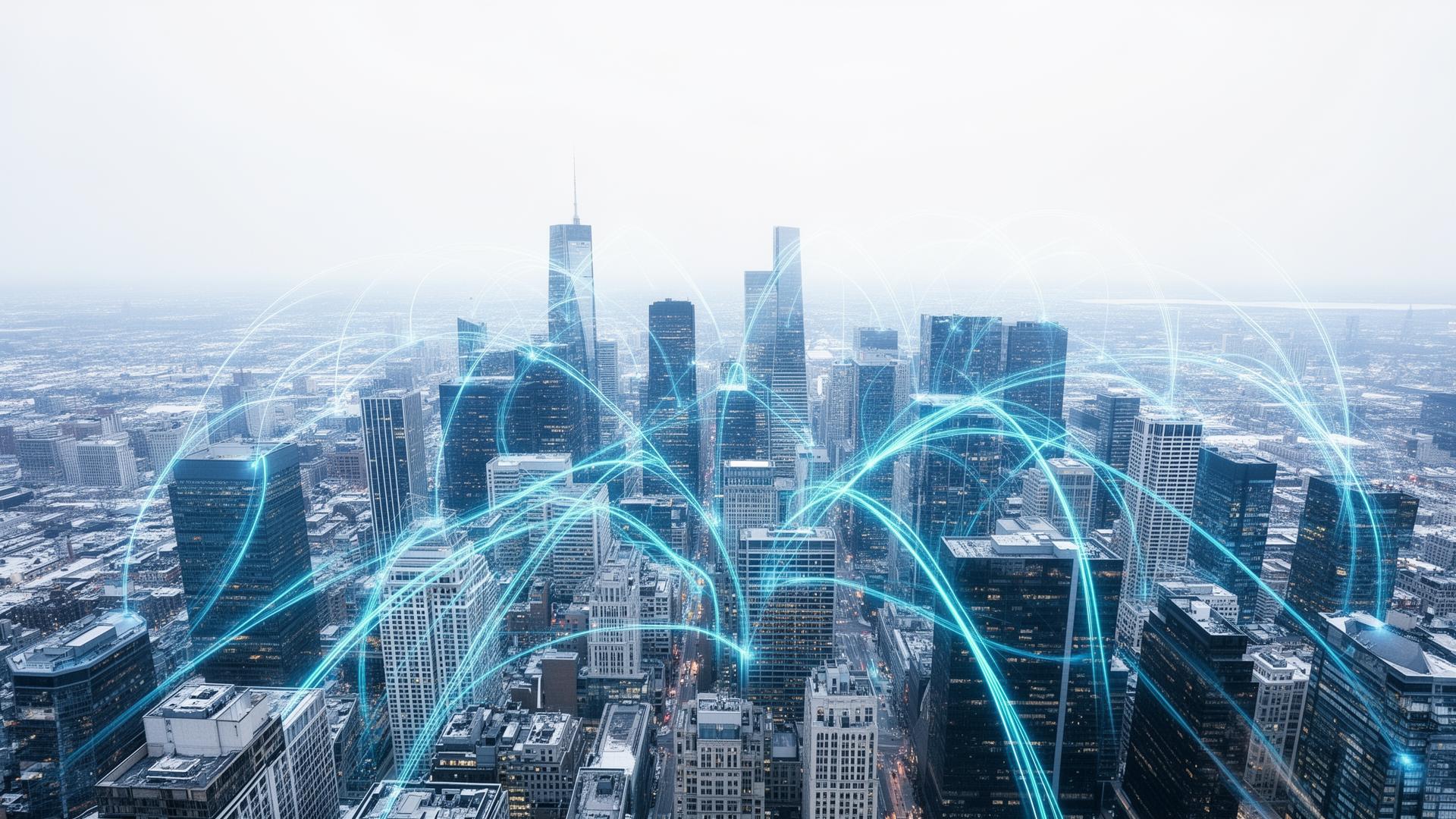 Connected city skyline illustrating large-scale telecom infrastructure